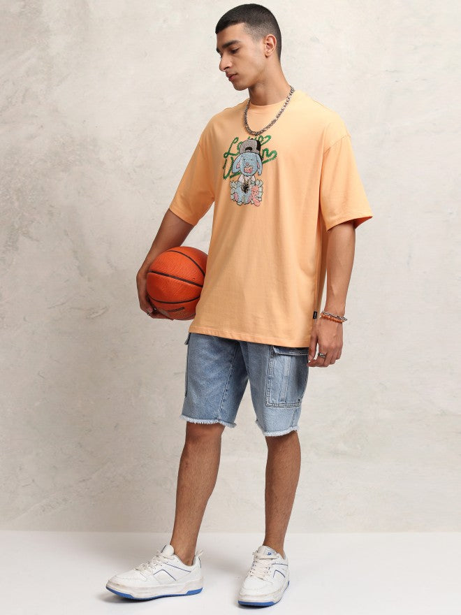 Highlander Men Peach Printed Round Neck Oversized Fit T-Shirt - Peach - Image 2