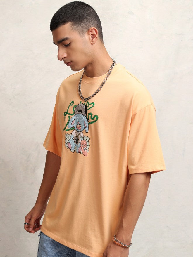 Highlander Men Peach Printed Round Neck Oversized Fit T-Shirt - Peach - Image 4