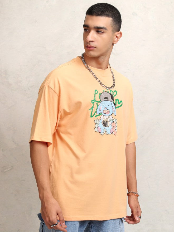 Highlander Men Peach Printed Round Neck Oversized Fit T-Shirt - Peach - Image 6