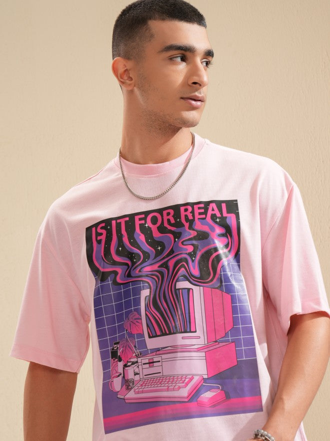 Highlander Men Pink Printed Oversized Fit T-Shirt - Pink - Image 1