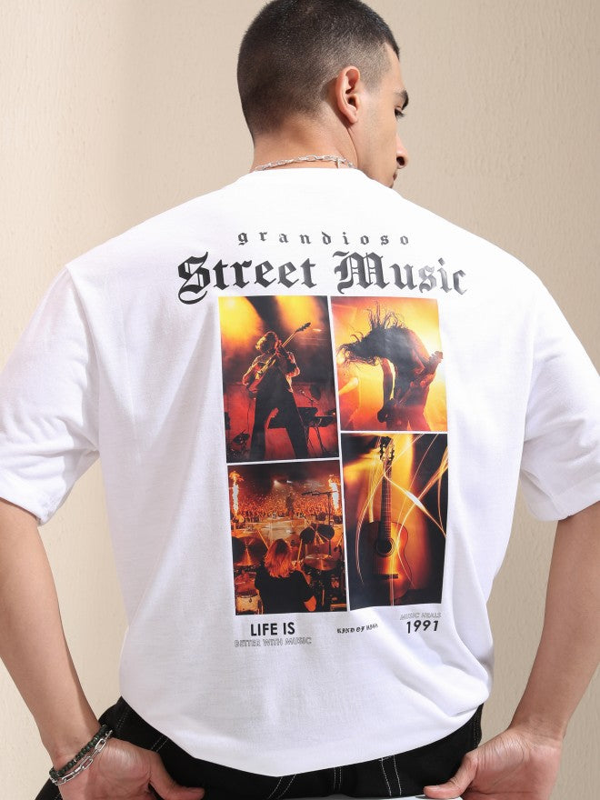 Highlander Men White Printed Round Neck Oversized Fit T-Shirt - White - Image 1