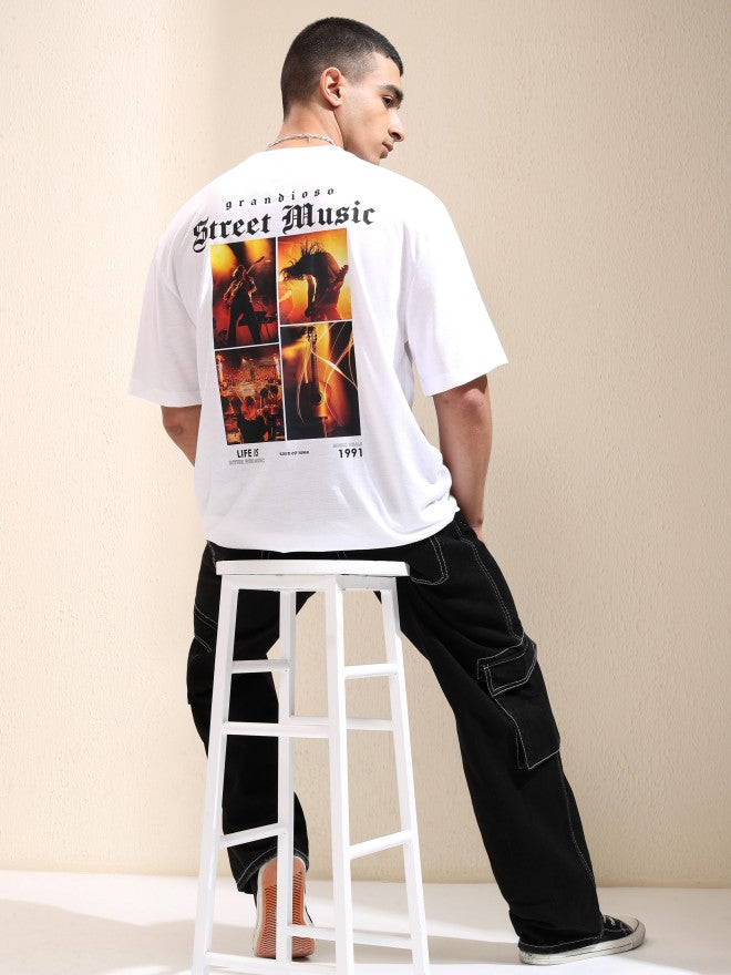 Highlander Men White Printed Round Neck Oversized Fit T-Shirt - White - Image 2