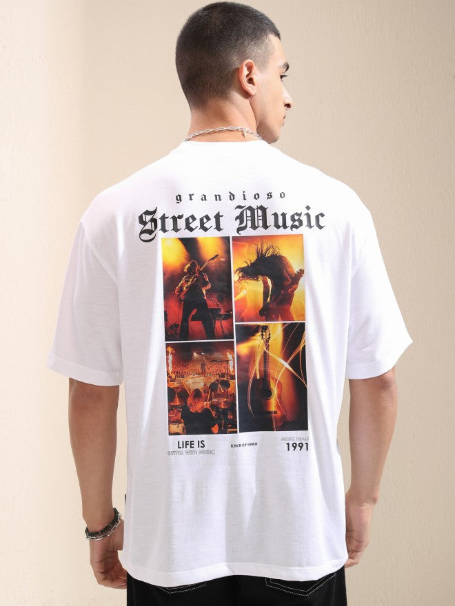 Highlander Men White Printed Round Neck Oversized Fit T-Shirt - White - Image 3