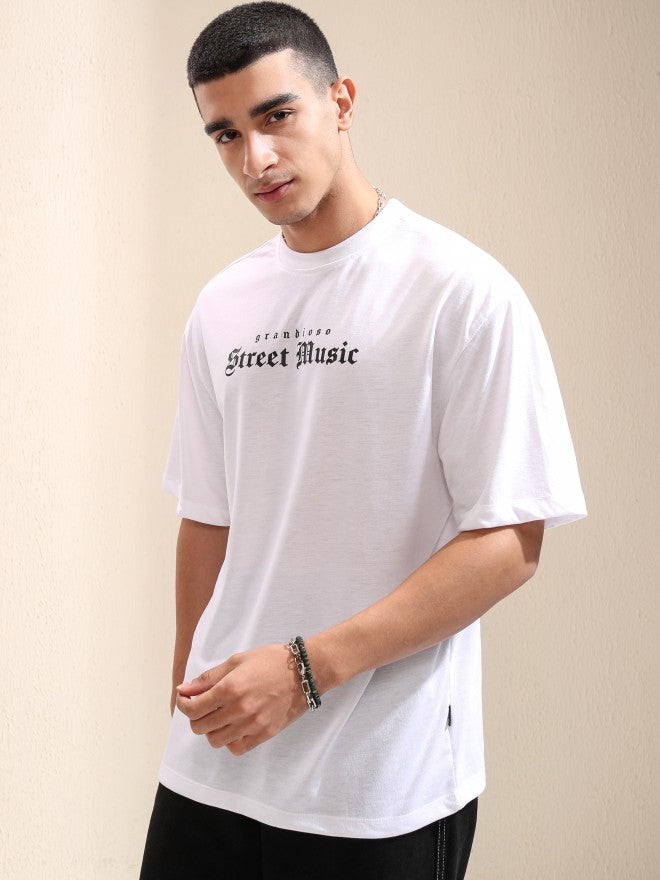 Highlander Men White Printed Round Neck Oversized Fit T-Shirt - White - Image 4