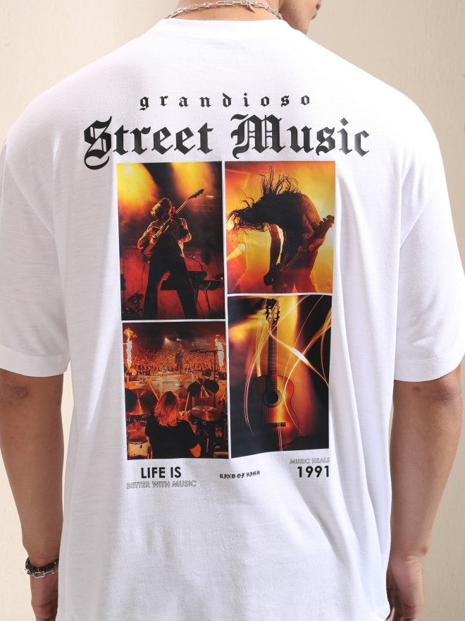 Highlander Men White Printed Round Neck Oversized Fit T-Shirt - White - Image 5