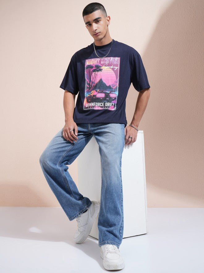 Highlander Men Navy Blue Printed Round Neck Oversized Fit T-Shirt - Navy Blue - Image 2