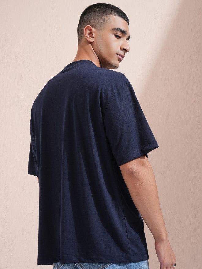 Highlander Men Navy Blue Printed Round Neck Oversized Fit T-Shirt - Navy Blue - Image 3