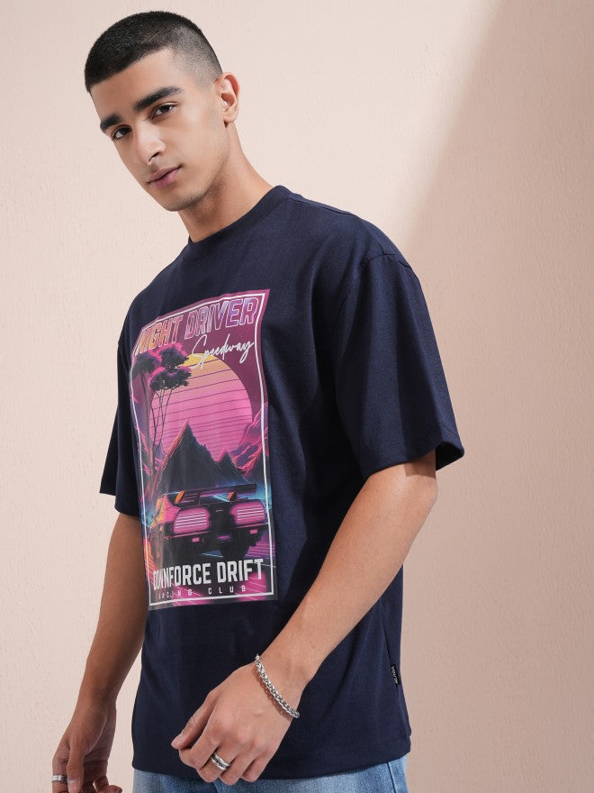 Highlander Men Navy Blue Printed Round Neck Oversized Fit T-Shirt - Navy Blue - Image 4