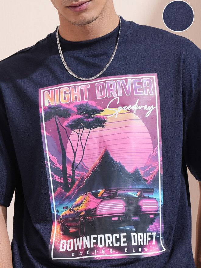 Highlander Men Navy Blue Printed Round Neck Oversized Fit T-Shirt - Navy Blue - Image 5