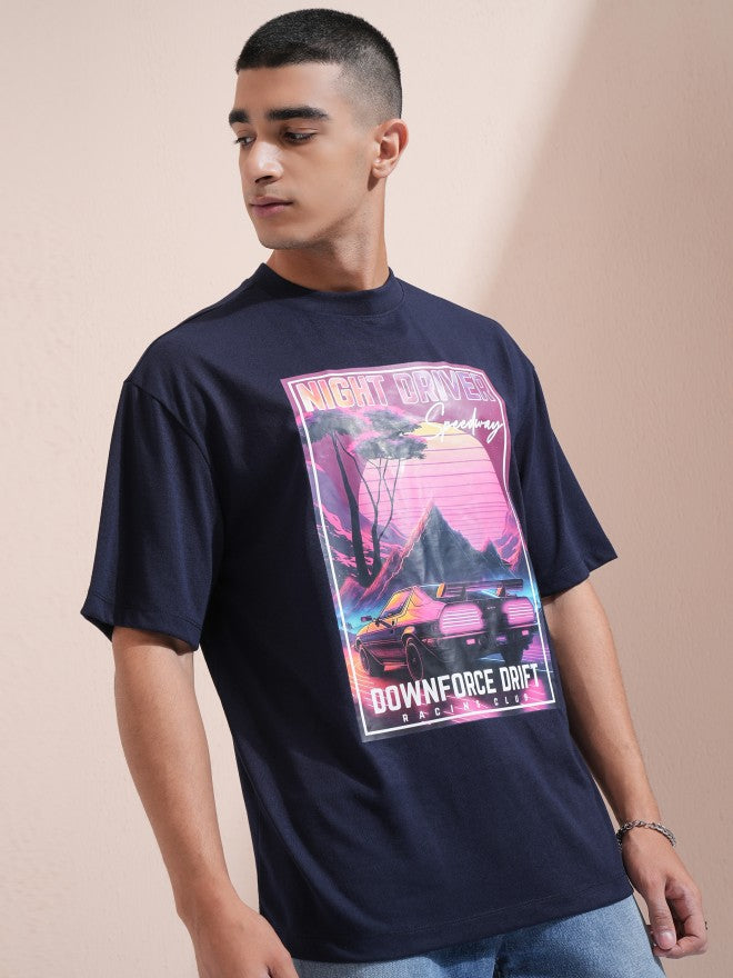 Highlander Men Navy Blue Printed Round Neck Oversized Fit T-Shirt - Navy Blue - Image 6