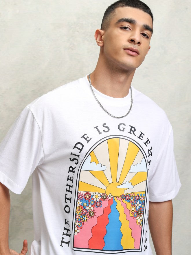 Highlader Men White Printed Round Neck Oversized Fit T-Shirt - White - Image 1