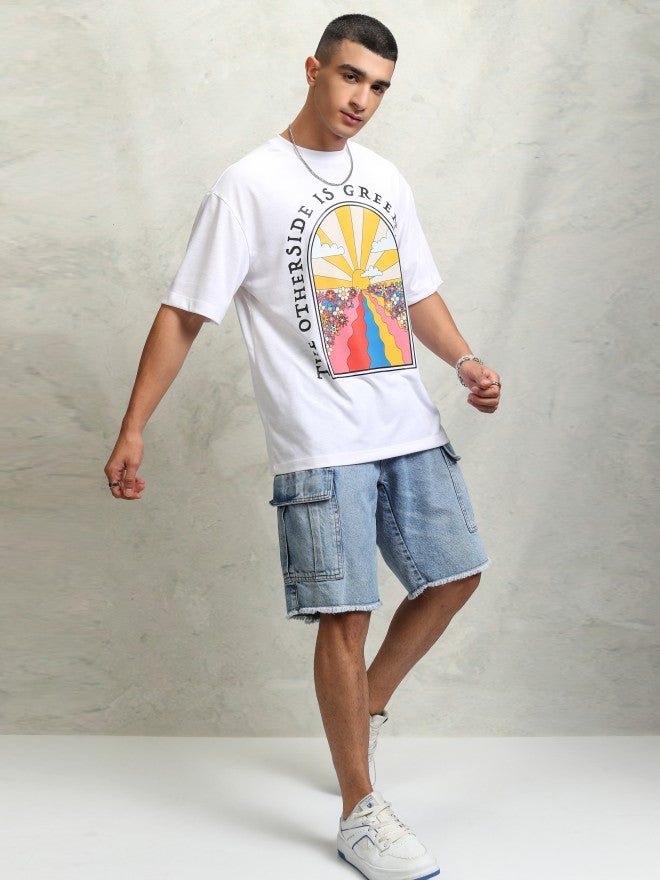 Highlader Men White Printed Round Neck Oversized Fit T-Shirt - White - Image 2