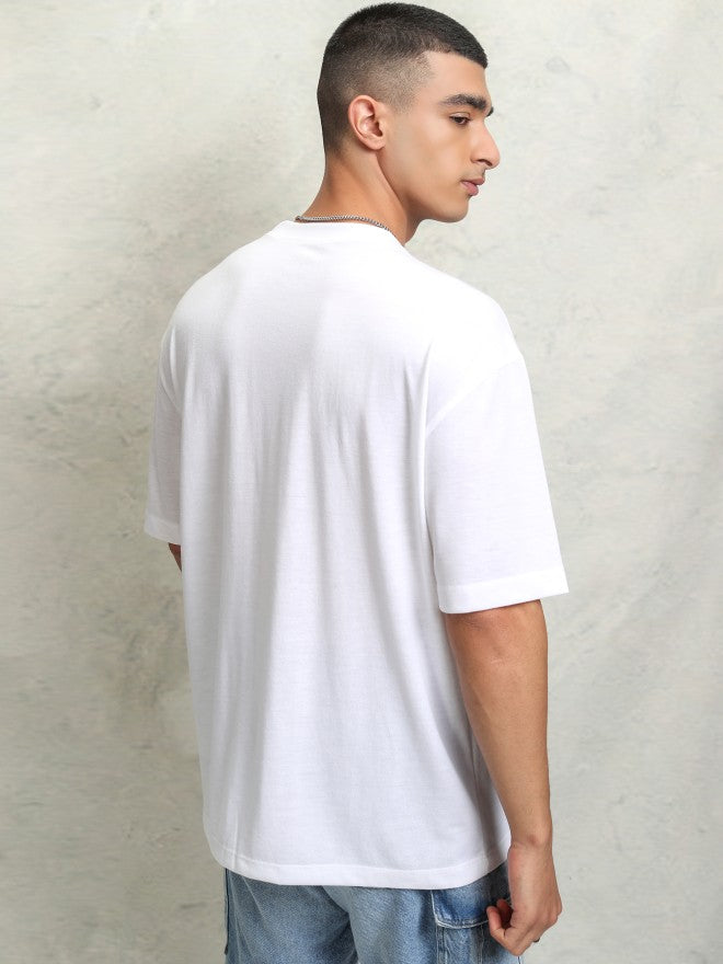 Highlader Men White Printed Round Neck Oversized Fit T-Shirt - White - Image 3