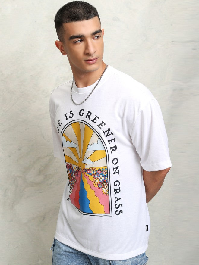 Highlader Men White Printed Round Neck Oversized Fit T-Shirt - White - Image 4