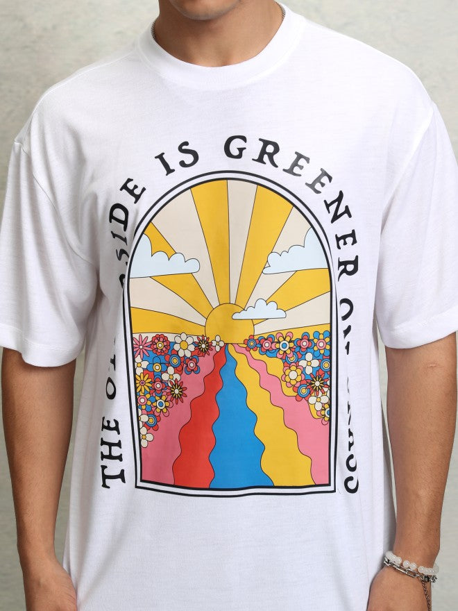 Highlader Men White Printed Round Neck Oversized Fit T-Shirt - White - Image 5