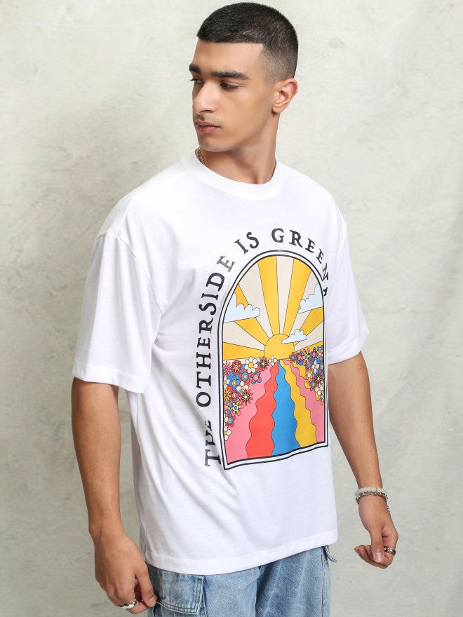 Highlader Men White Printed Round Neck Oversized Fit T-Shirt - White - Image 6