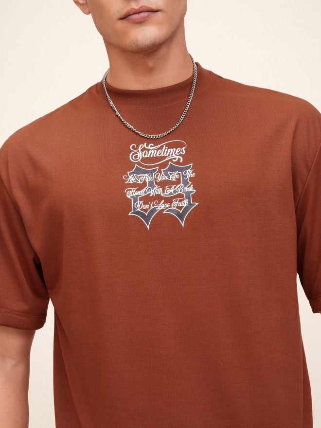 Highlander Men Rust Printed Oversized Fit T-Shirt - Brown - Image 5
