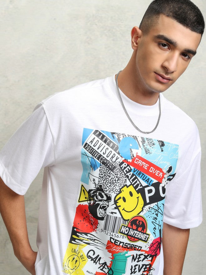 Highlader Men White Printed Round Neck Oversized Fit T-Shirt - White - Image 1