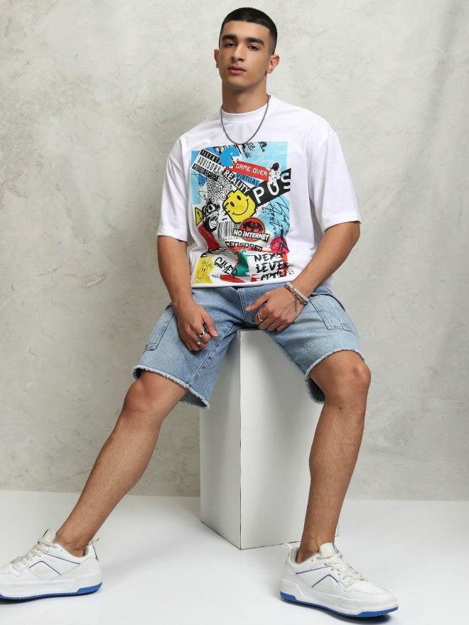 Highlader Men White Printed Round Neck Oversized Fit T-Shirt - White - Image 2