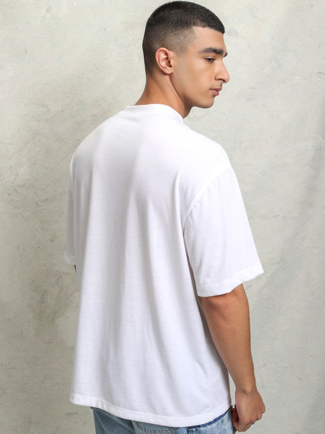 Highlader Men White Printed Round Neck Oversized Fit T-Shirt - White - Image 3