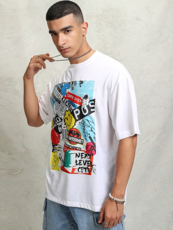 Highlader Men White Printed Round Neck Oversized Fit T-Shirt - White - Image 4