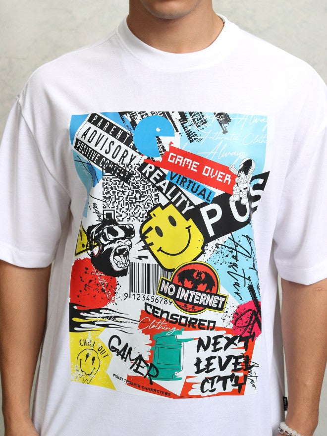 Highlader Men White Printed Round Neck Oversized Fit T-Shirt - White - Image 5