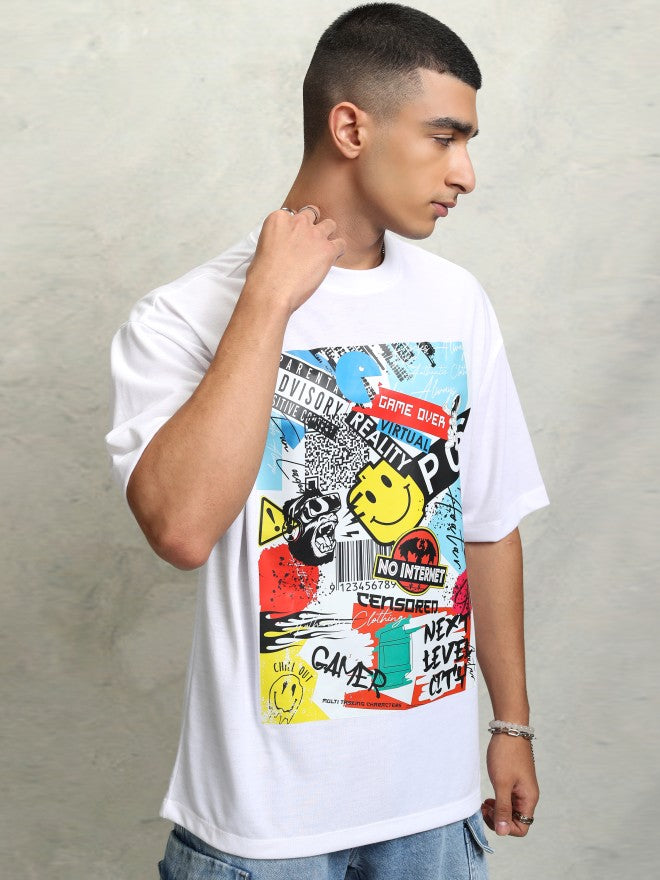 Highlader Men White Printed Round Neck Oversized Fit T-Shirt - White - Image 6