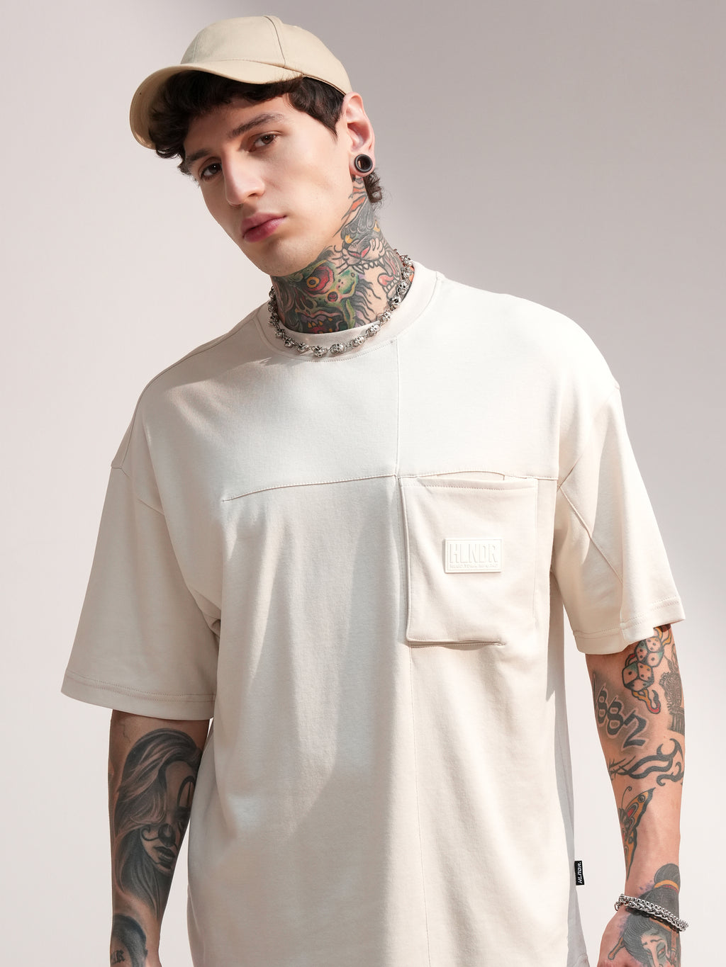 Highlander Men Beige Solid Round Neck Oversized Fit T-Shirt - Beige - Image 1