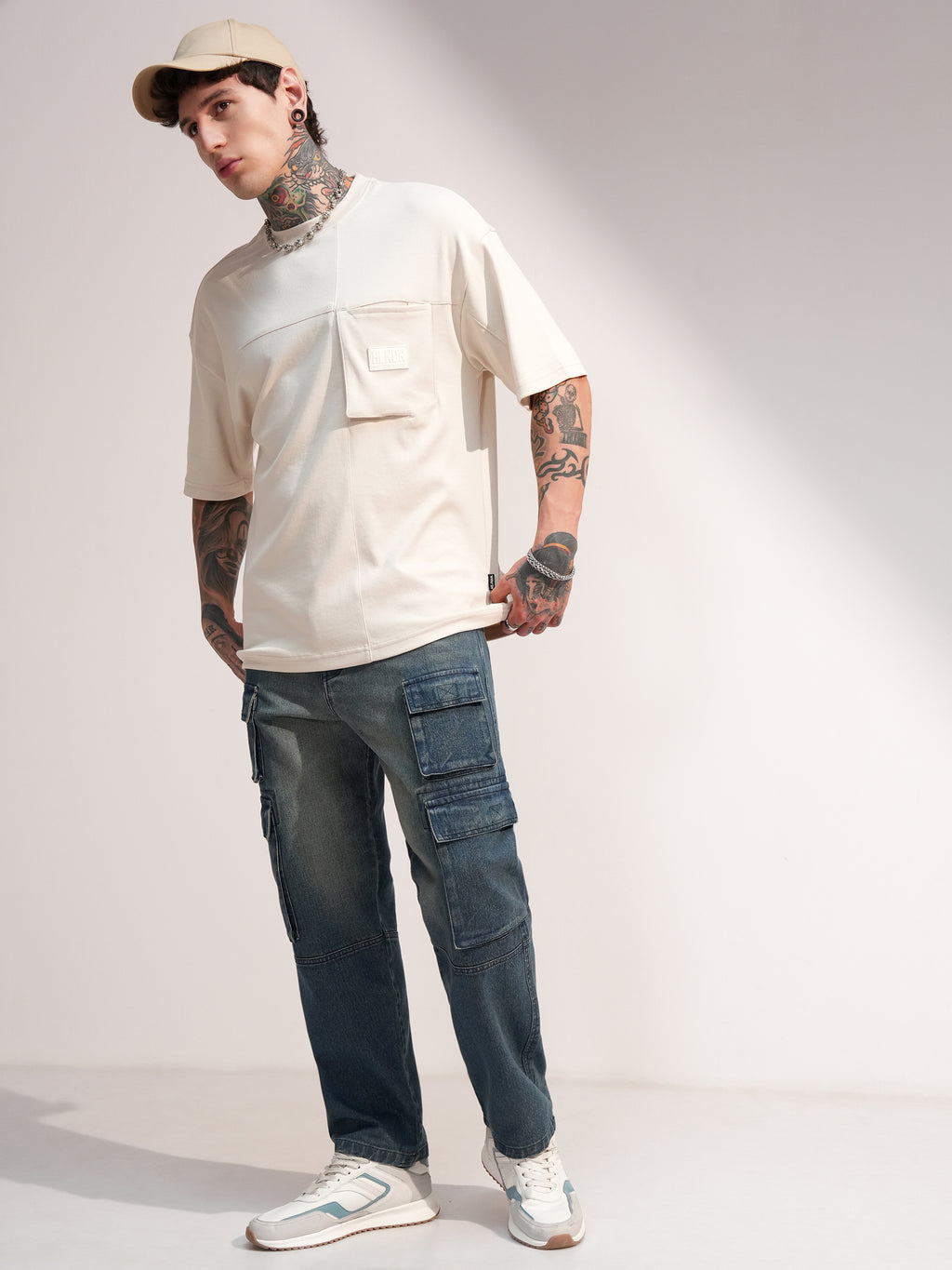 Highlander Men Beige Solid Round Neck Oversized Fit T-Shirt - Beige - Image 2