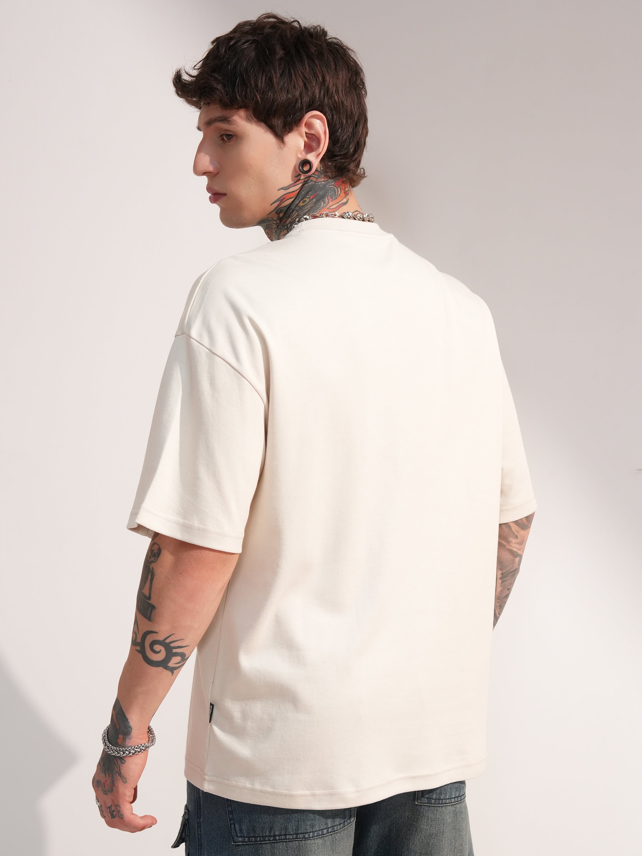 Highlander Men Beige Solid Round Neck Oversized Fit T-Shirt - Beige - Image 3