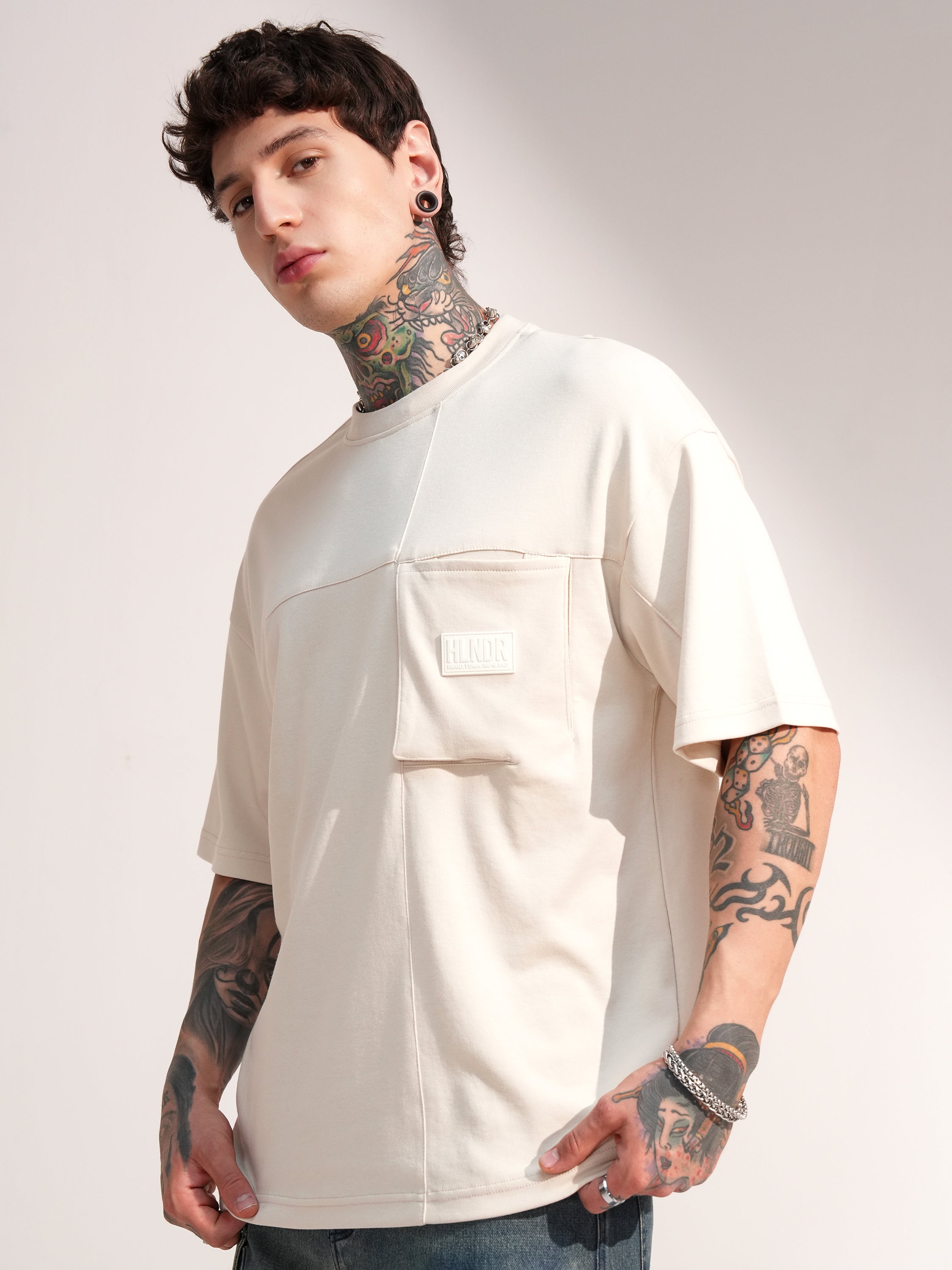Highlander Men Beige Solid Round Neck Oversized Fit T-Shirt - Beige - Image 4