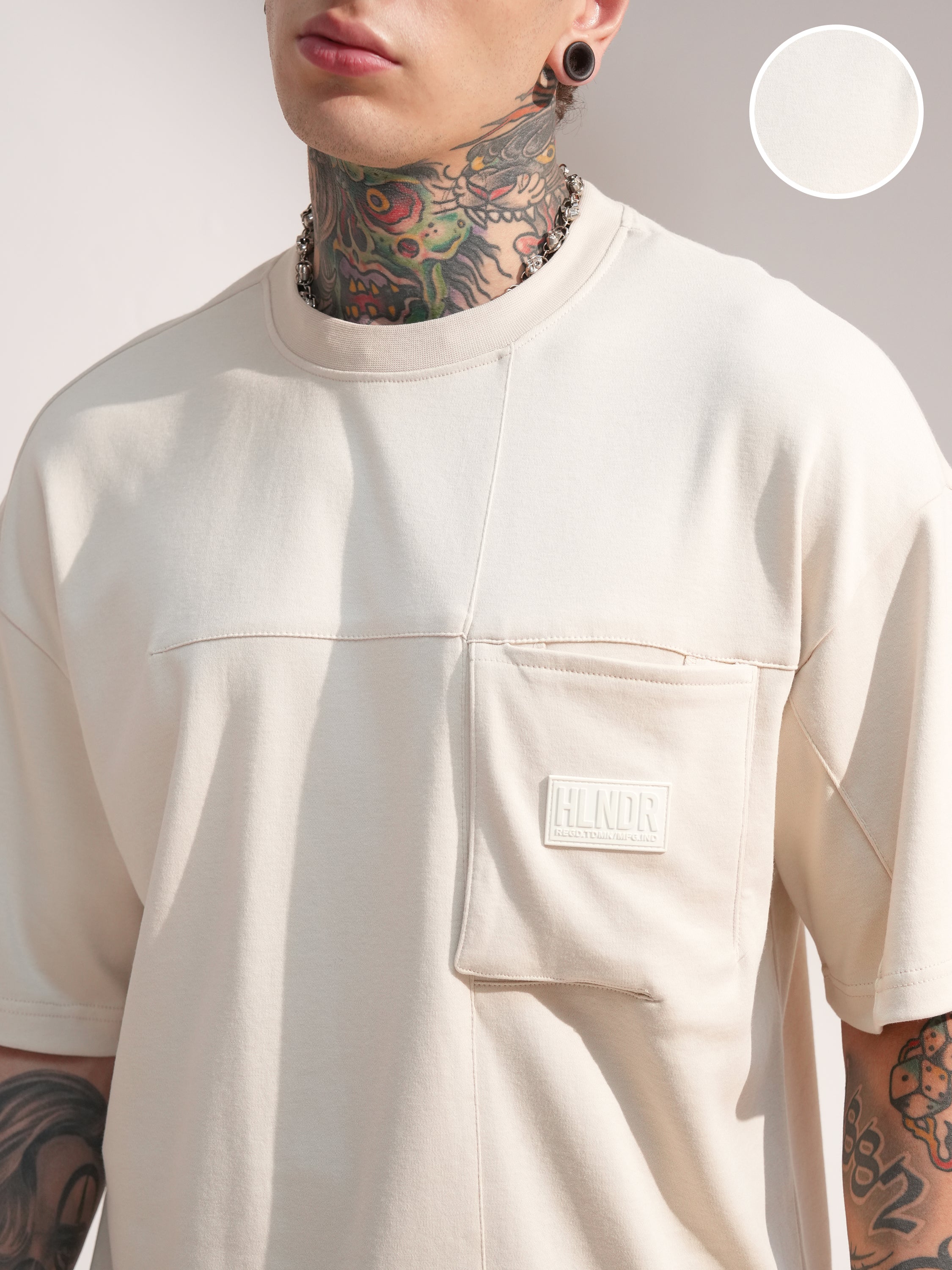 Highlander Men Beige Solid Round Neck Oversized Fit T-Shirt - Beige - Image 5