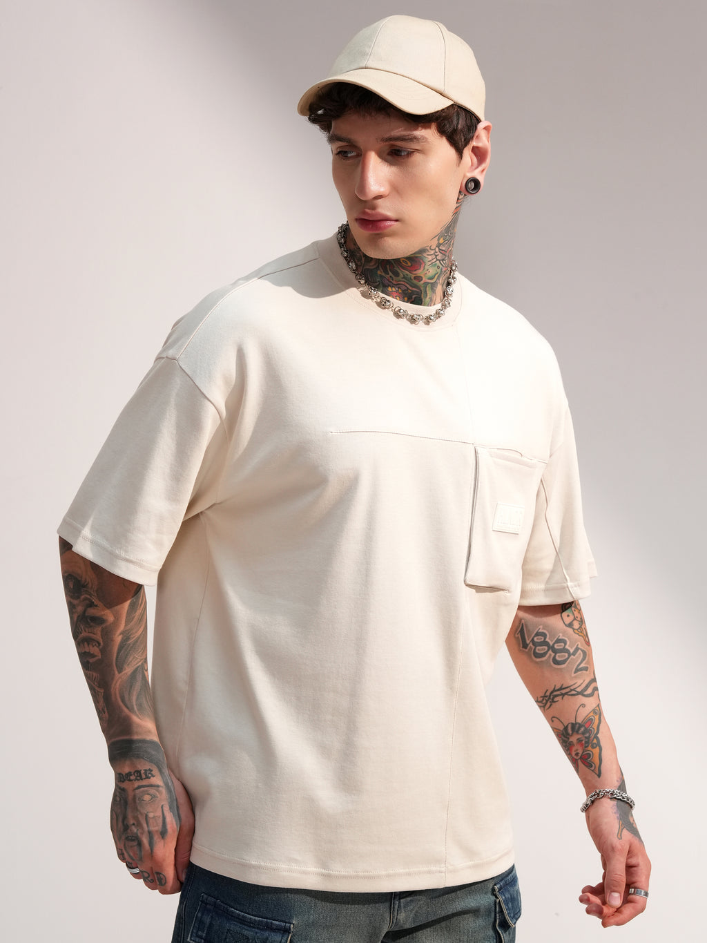Highlander Men Beige Solid Round Neck Oversized Fit T-Shirt - Beige - Image 6