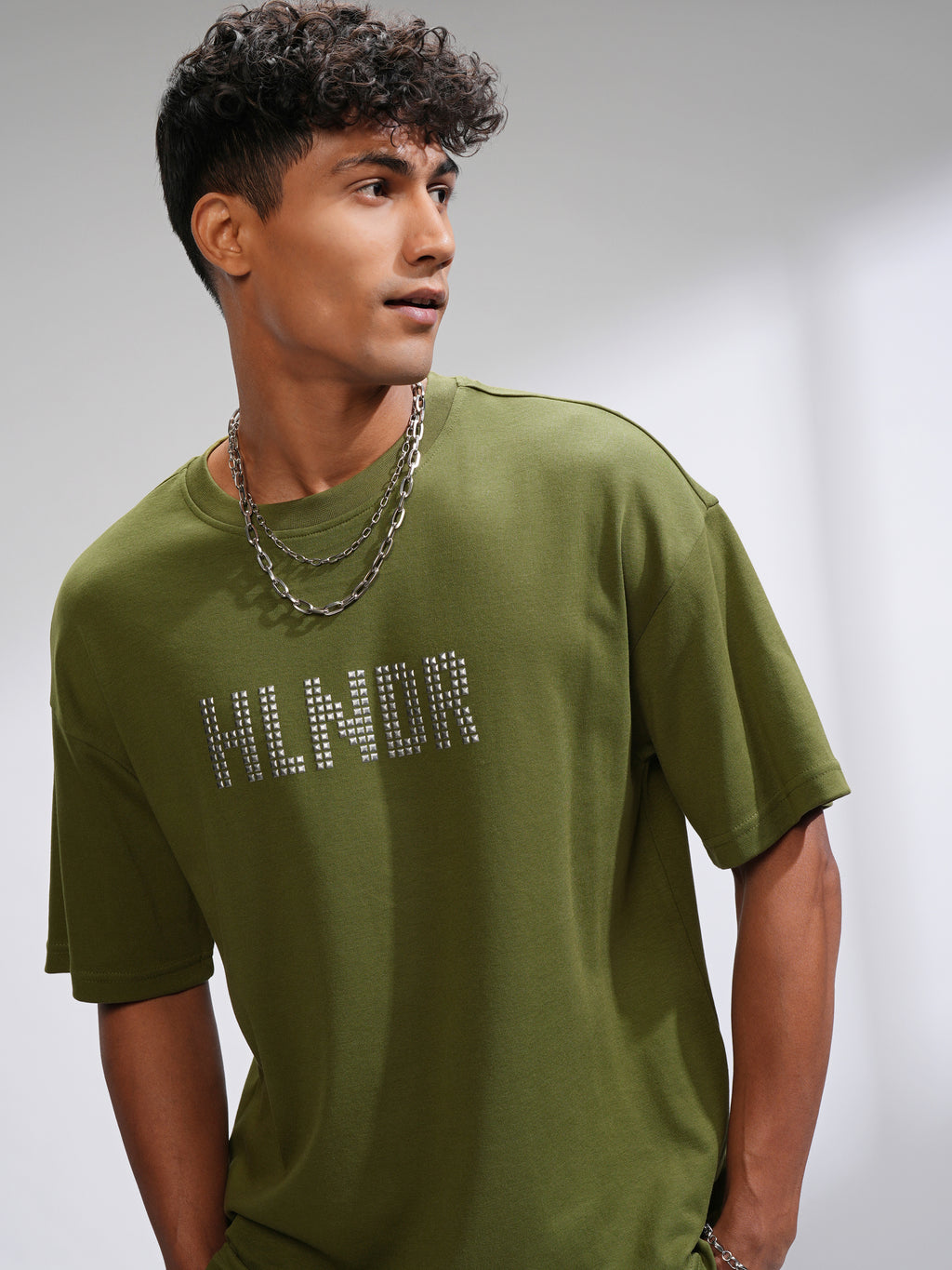 Highlander Men Olive Printed Round Neck Oversized Fit T-Shirt - Olive - Image 1