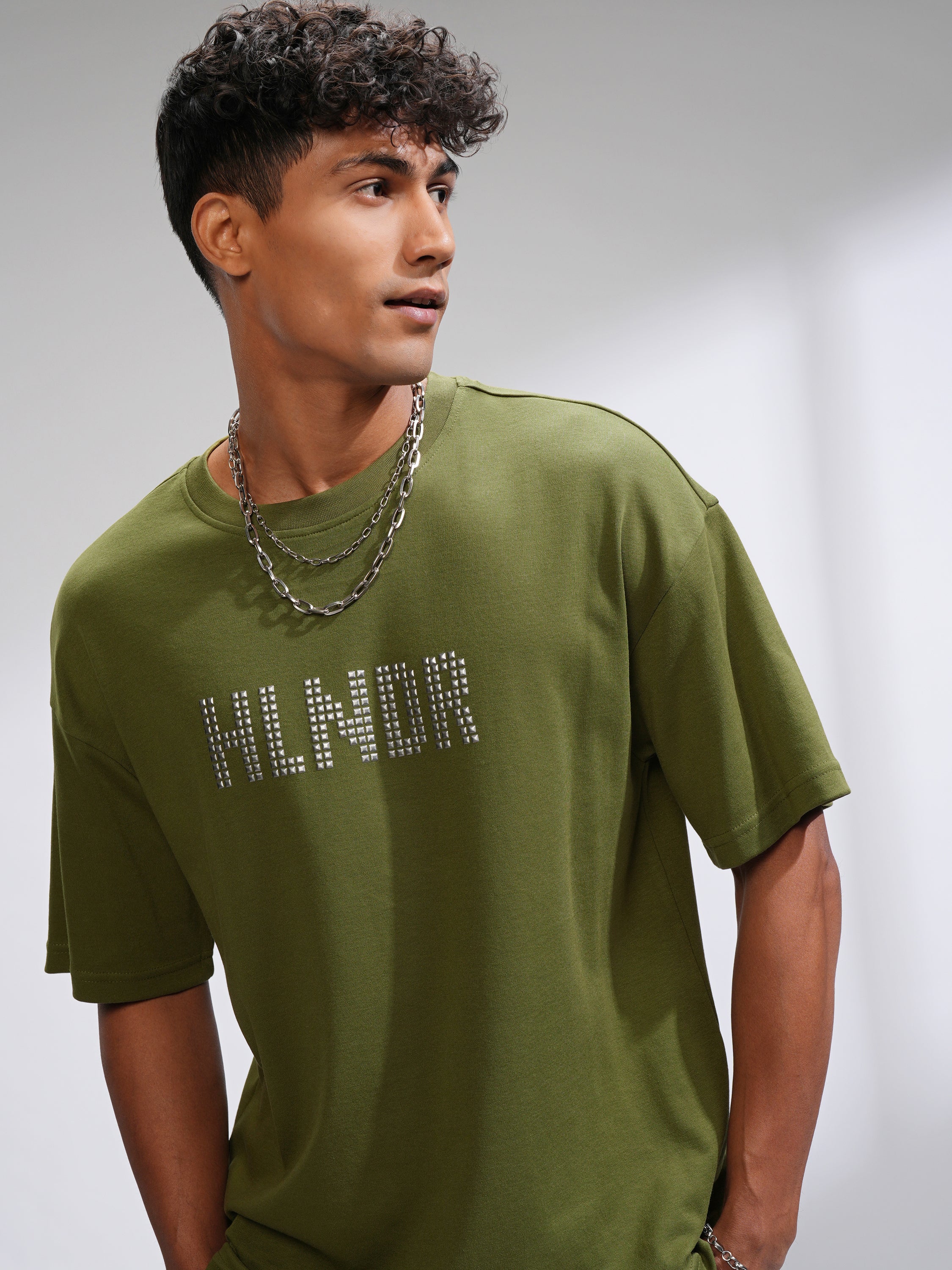 Highlander Men Olive Printed Round Neck Oversized Fit T-Shirt - Olive - Image 1
