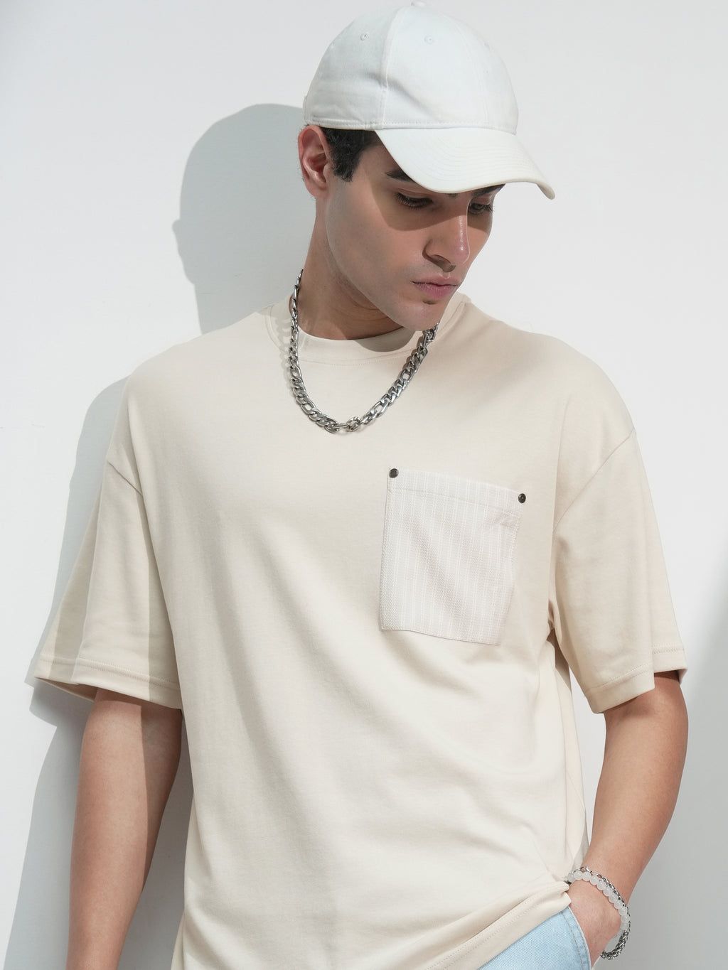 Highlander Men Cream Solid Round Neck Oversized Fit T-Shirt - Cream - Image 1