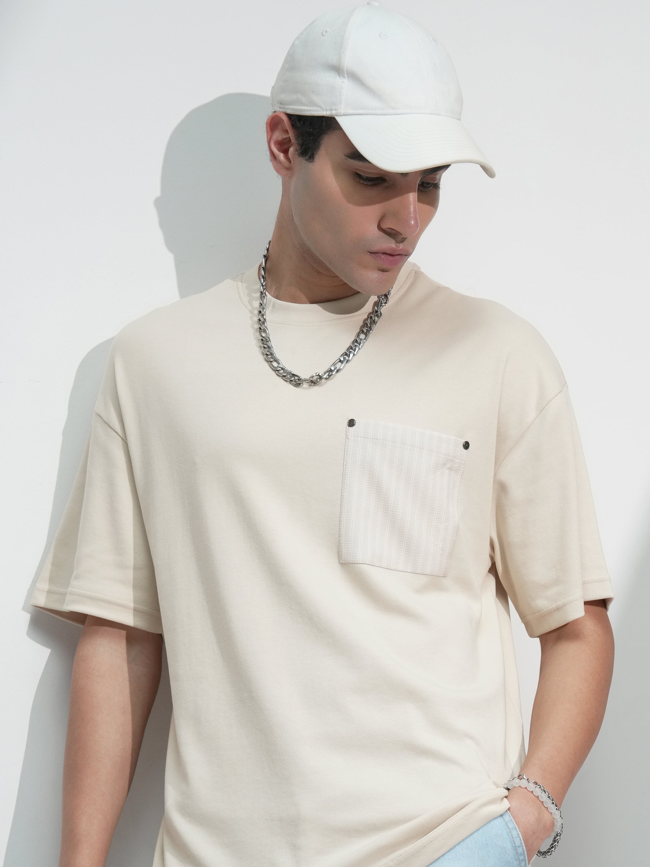 Highlander Men Cream Solid Round Neck Oversized Fit T-Shirt - Cream - Image 1