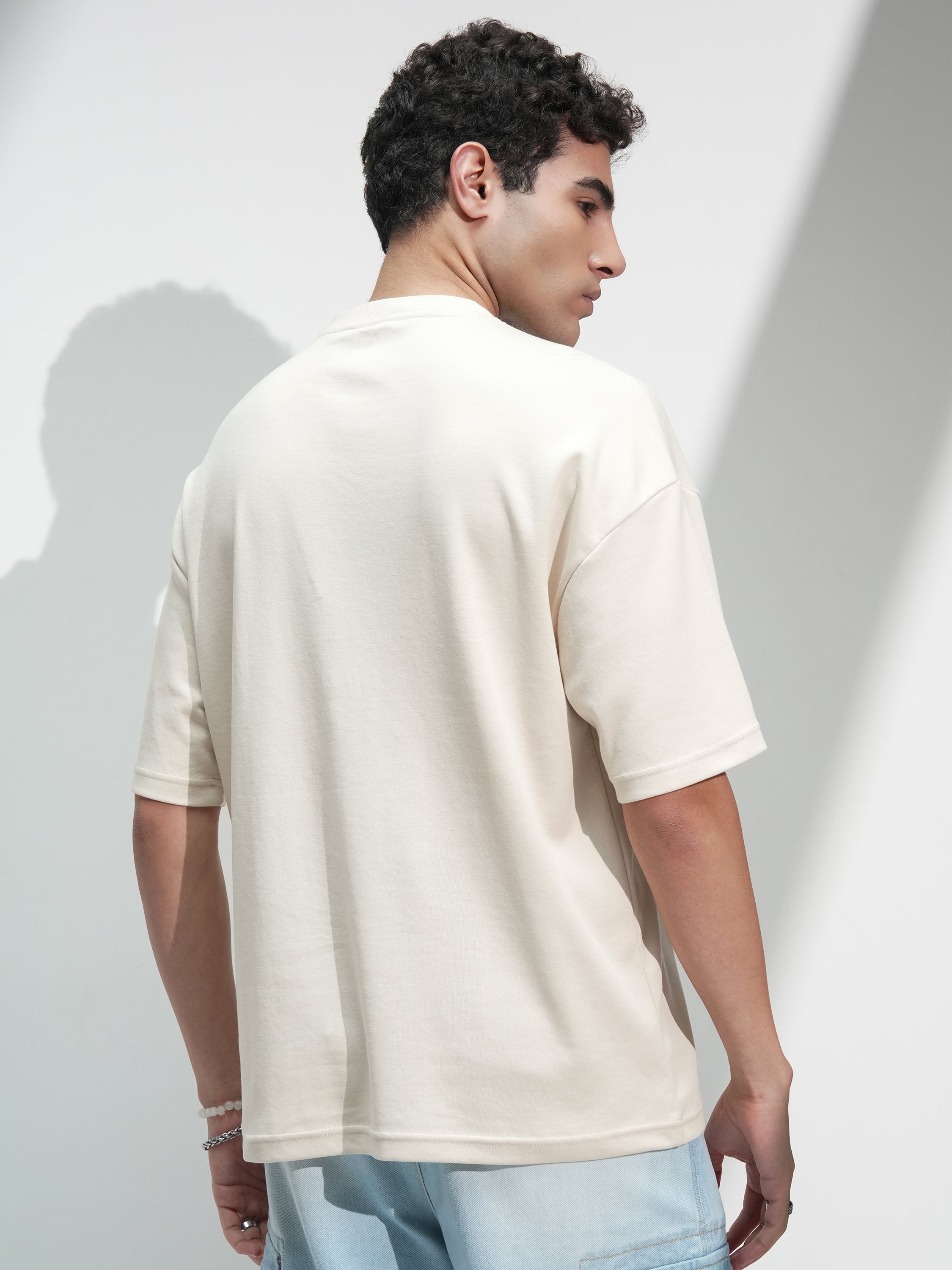 Highlander Men Cream Solid Round Neck Oversized Fit T-Shirt - Cream - Image 3