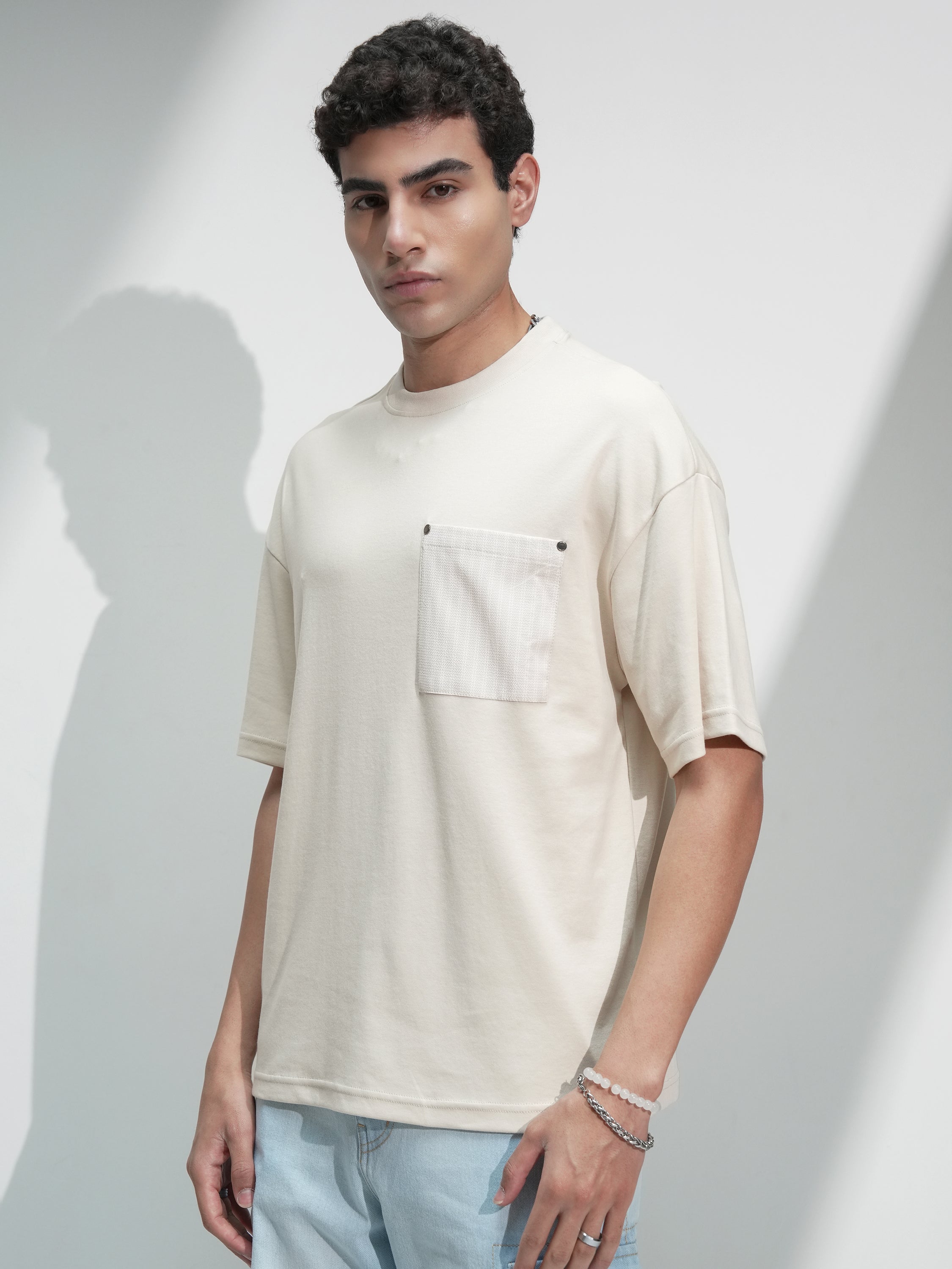Highlander Men Cream Solid Round Neck Oversized Fit T-Shirt - Cream - Image 4