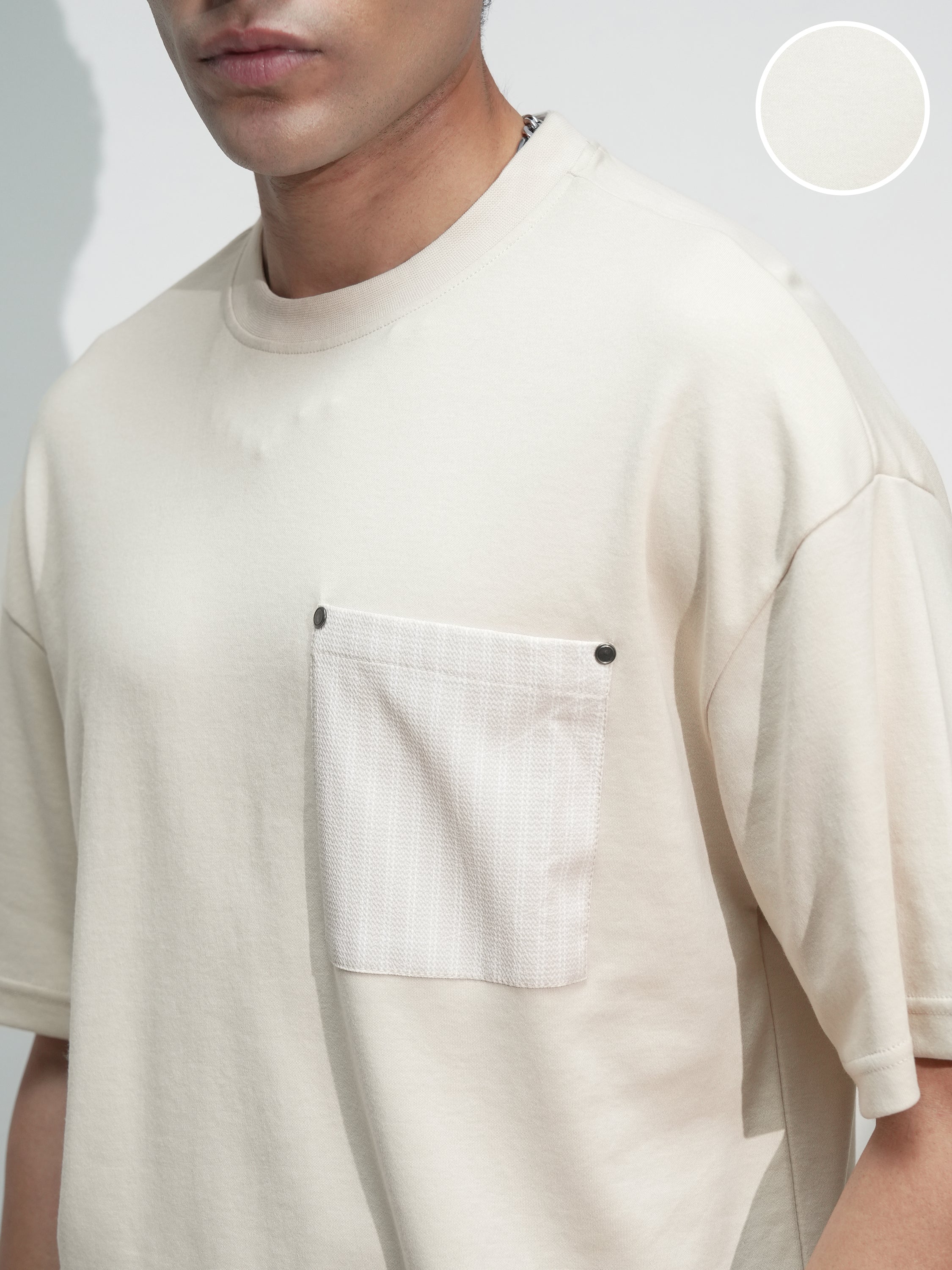 Highlander Men Cream Solid Round Neck Oversized Fit T-Shirt - Cream - Image 5