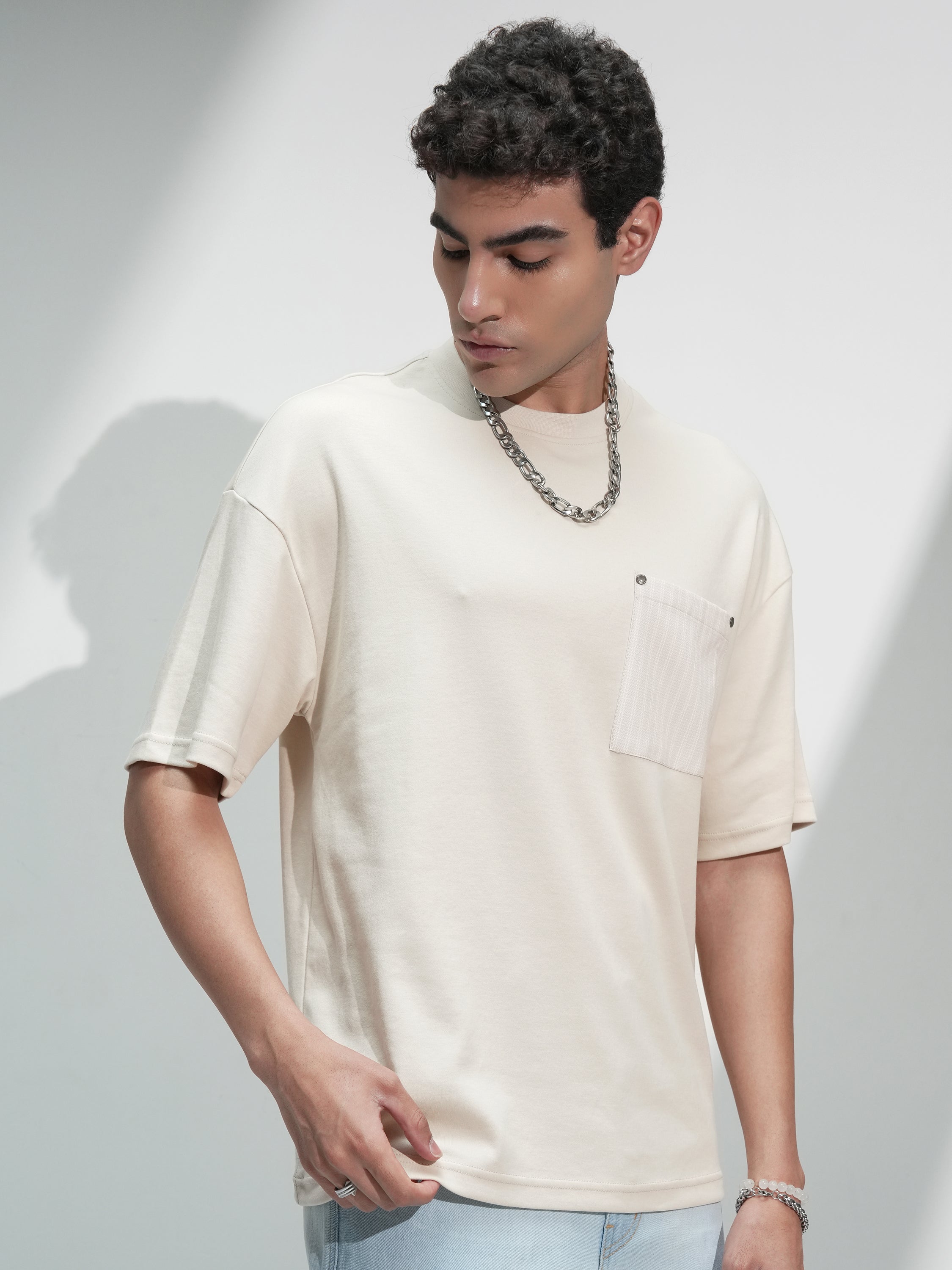 Highlander Men Cream Solid Round Neck Oversized Fit T-Shirt - Cream - Image 6