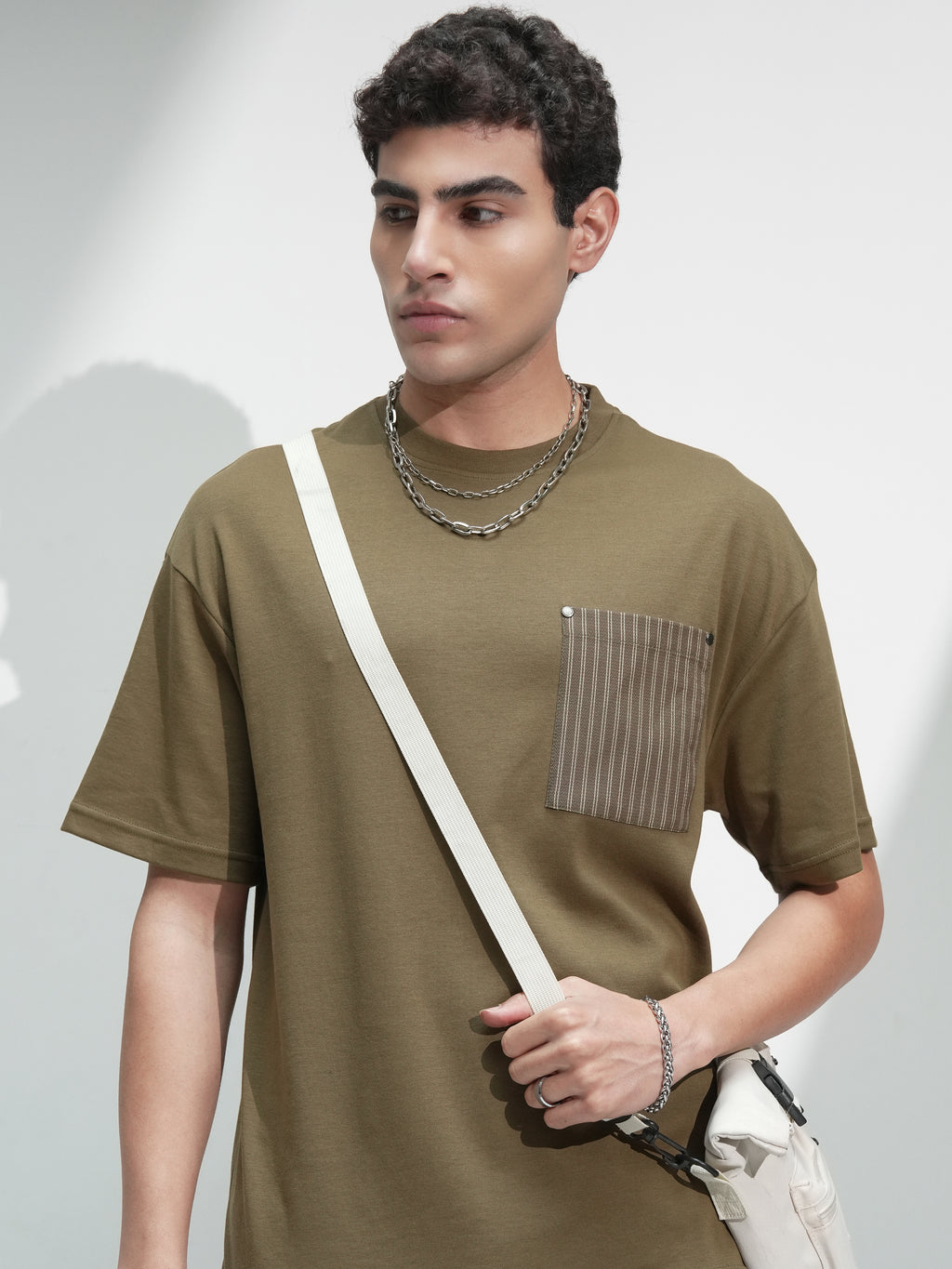 Highlander Men Olive Solid Round Neck Oversized Fit T-Shirt - Olive - Image 1