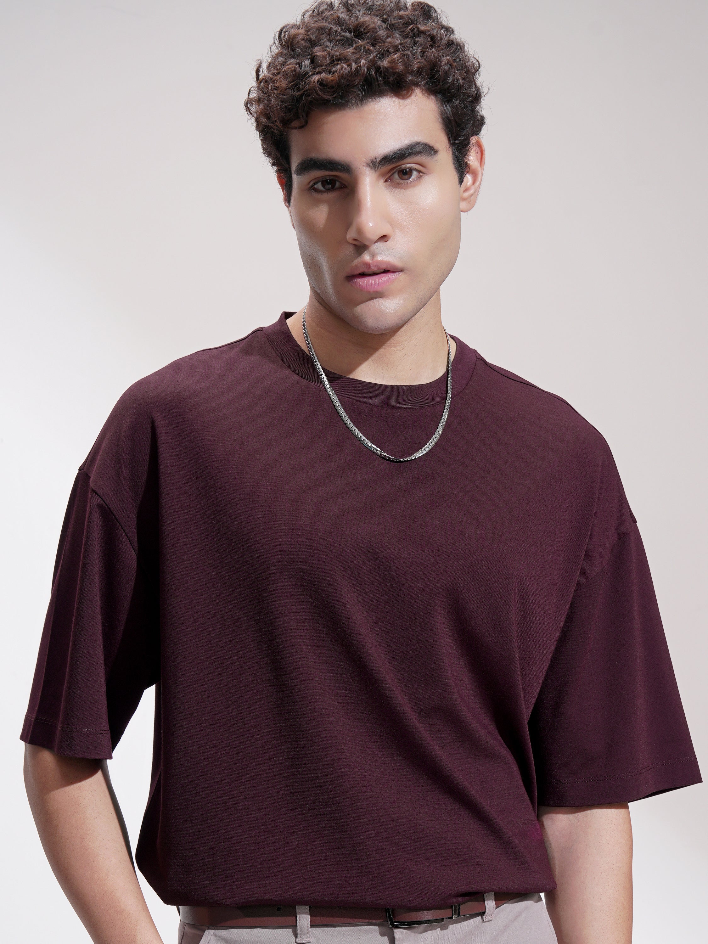 Highlander Men Maroon Solid Round Neck Oversized Fit T-Shirt - Maroon - Image 1