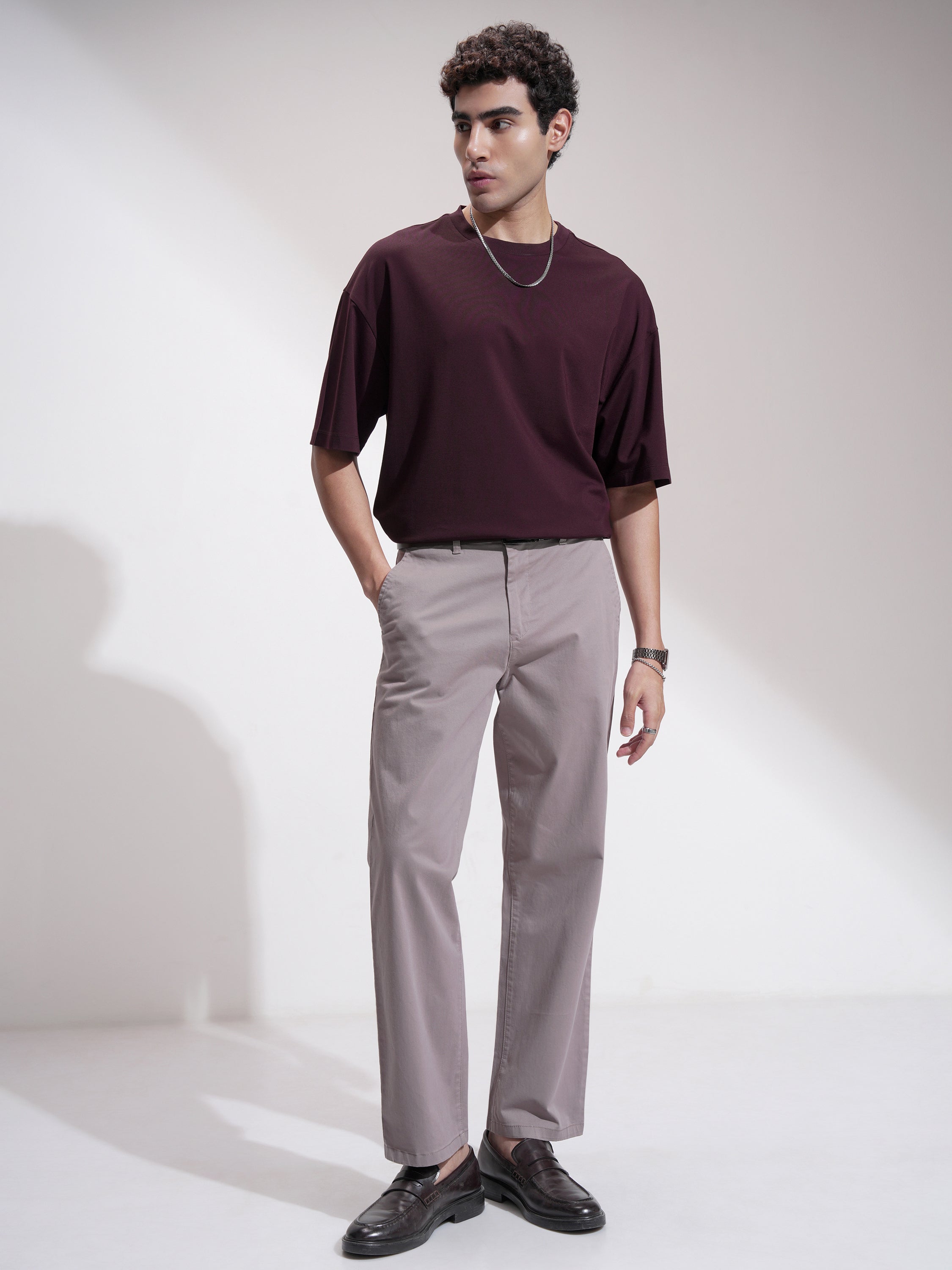 Highlander Men Maroon Solid Round Neck Oversized Fit T-Shirt - Maroon - Image 2