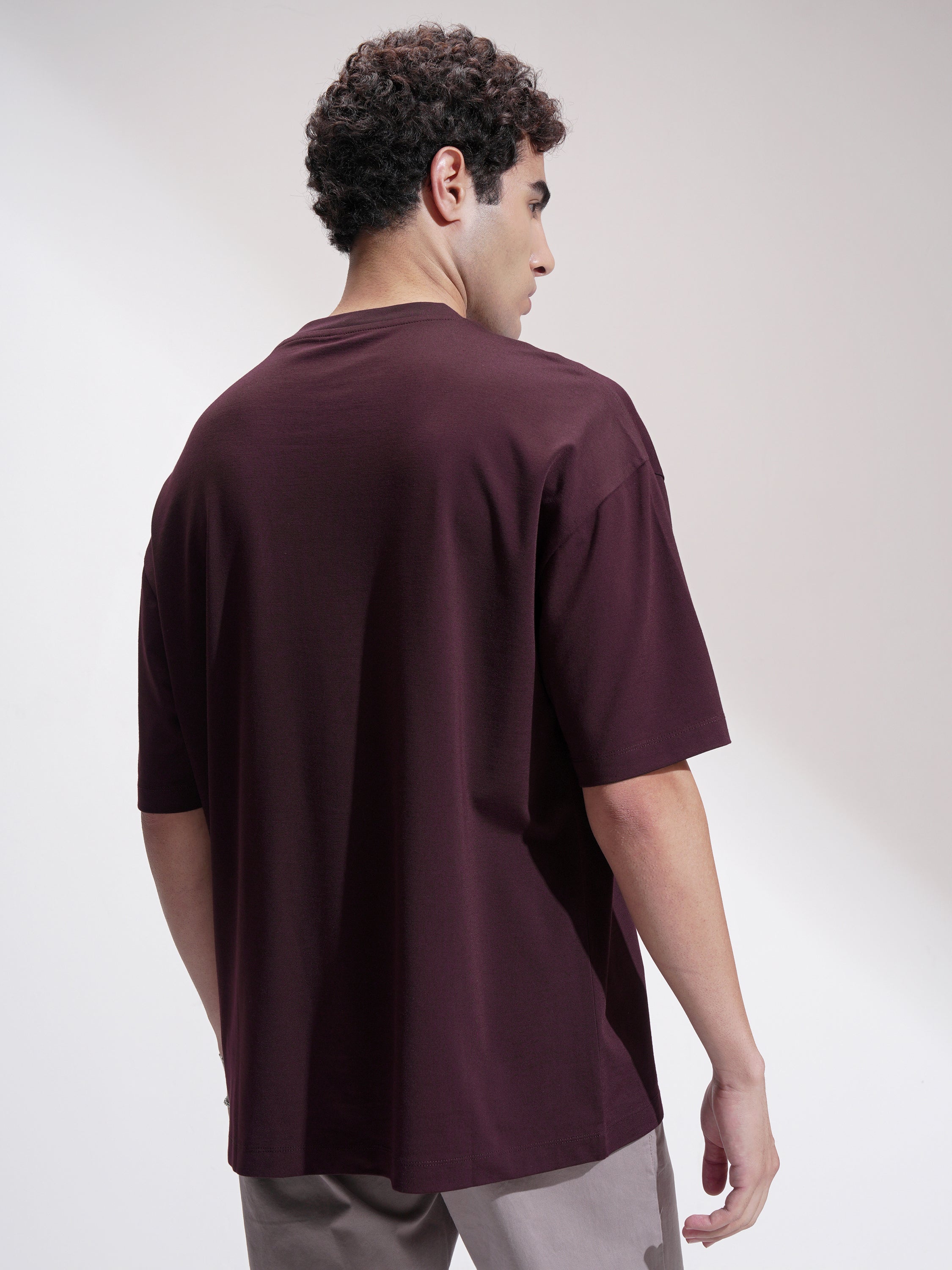 Highlander Men Maroon Solid Round Neck Oversized Fit T-Shirt - Maroon - Image 3