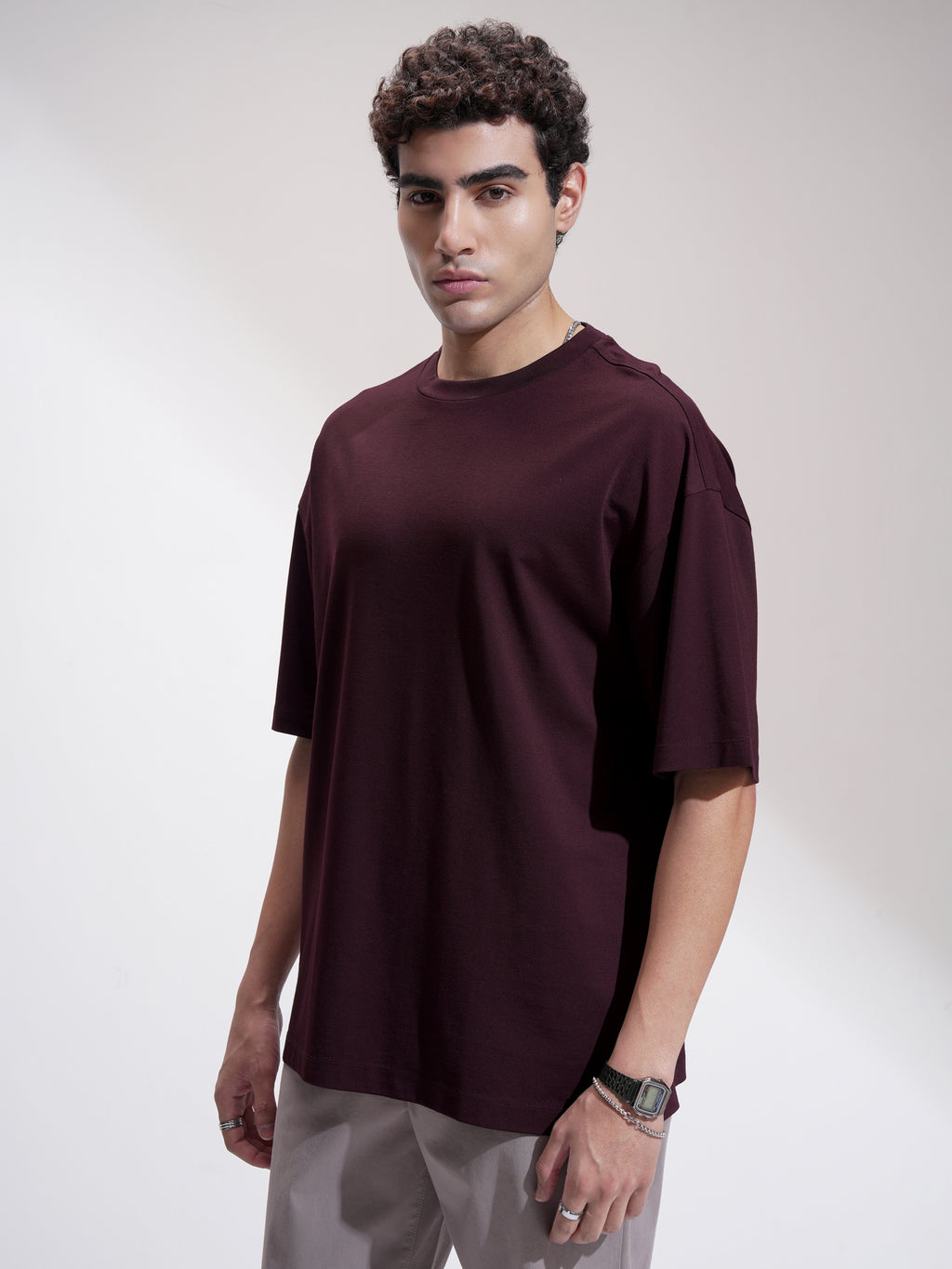 Highlander Men Maroon Solid Round Neck Oversized Fit T-Shirt - Maroon - Image 4