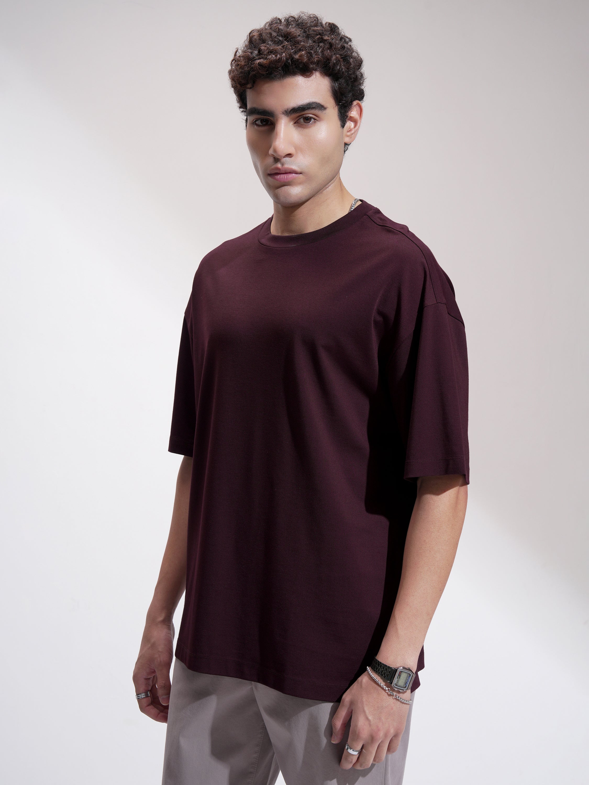 Highlander Men Maroon Solid Round Neck Oversized Fit T-Shirt - Maroon - Image 4