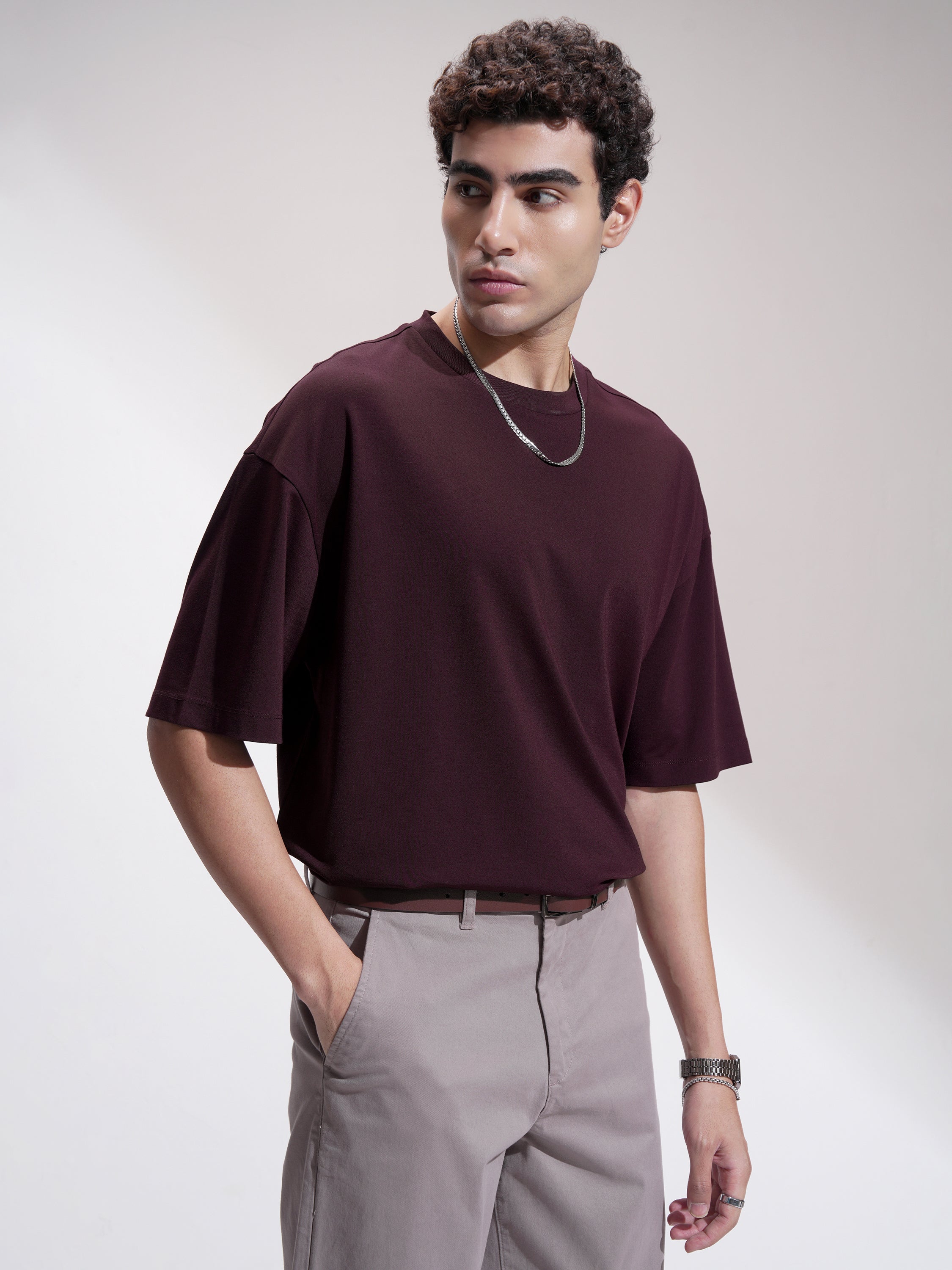 Highlander Men Maroon Solid Round Neck Oversized Fit T-Shirt - Maroon - Image 6