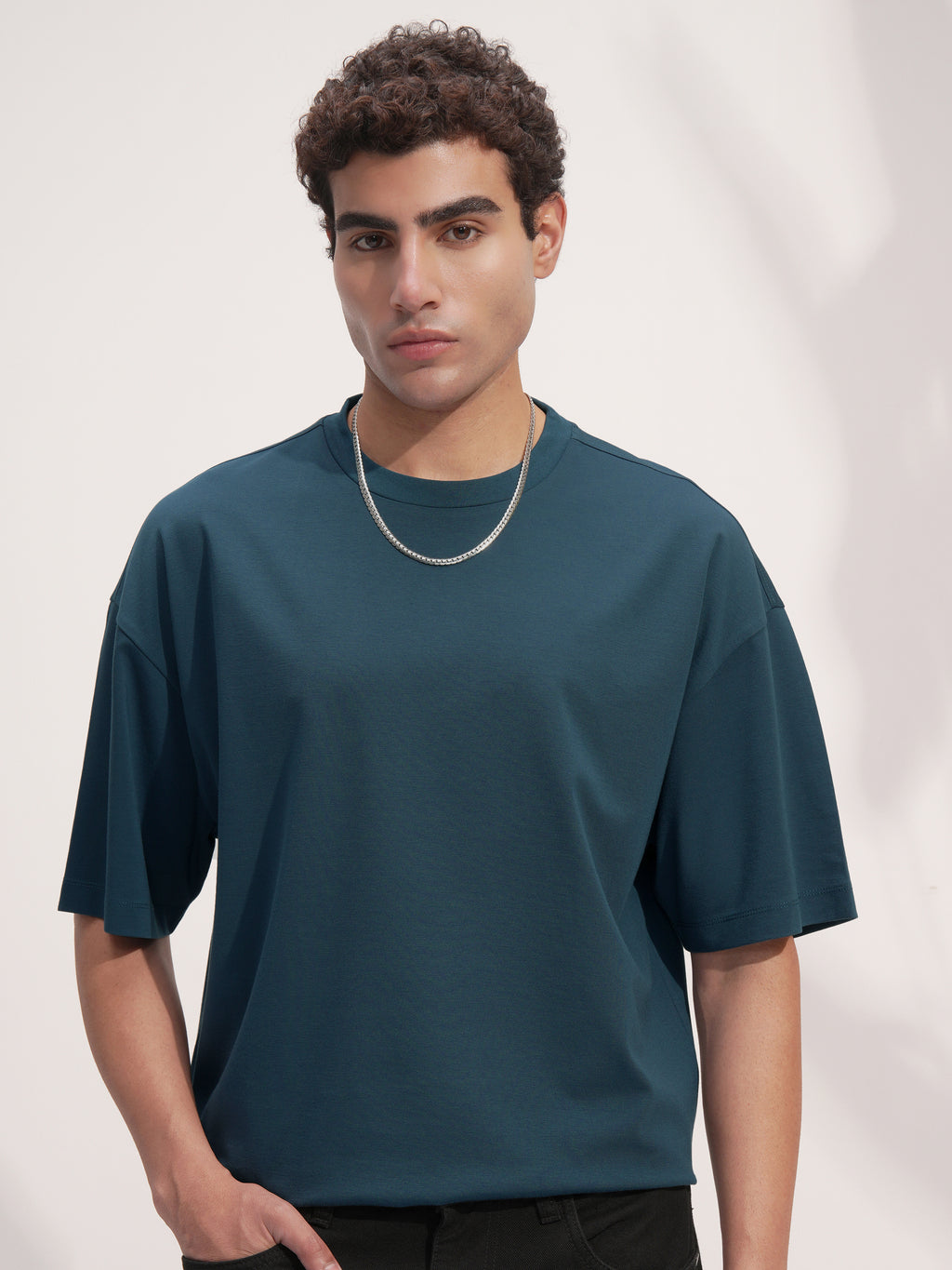 Highlander Men Teal Solid Round Neck Oversized Fit T-Shirt - Teal - Image 1