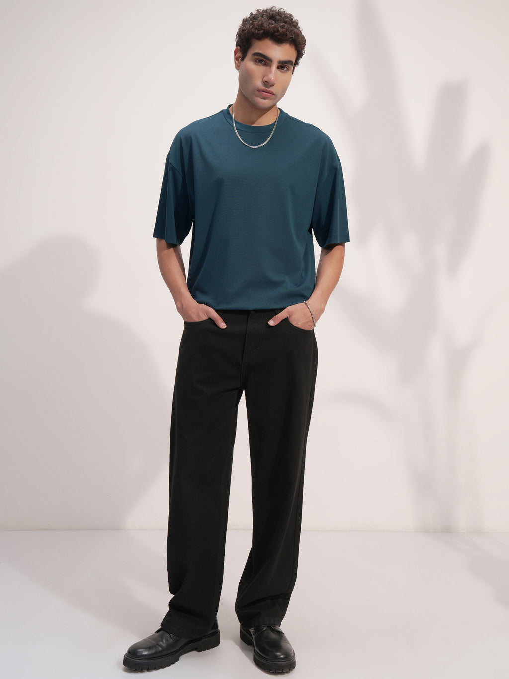 Highlander Men Teal Solid Round Neck Oversized Fit T-Shirt - Teal - Image 2